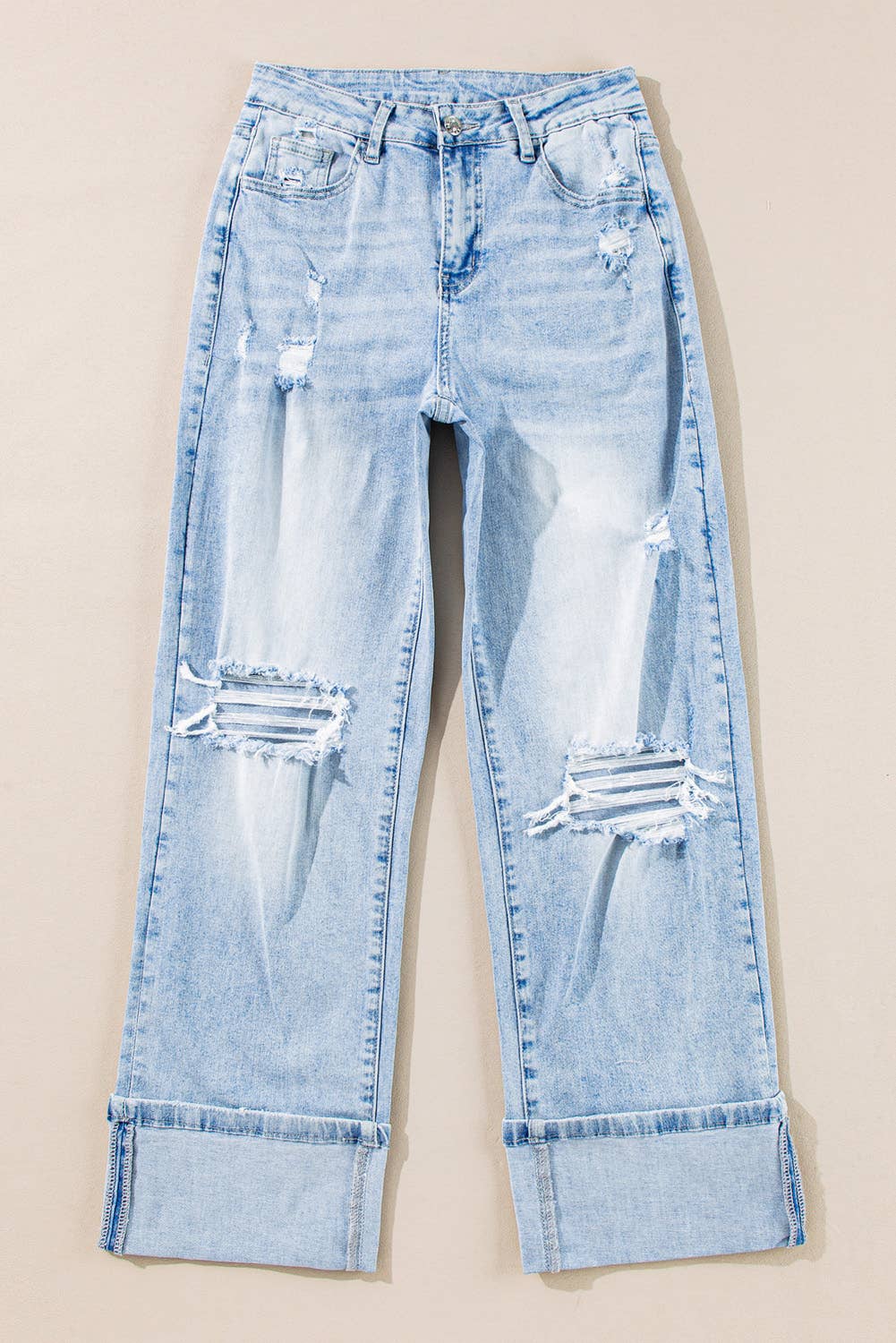 Light Wash Distressed Flare Jeans: Beau Blue