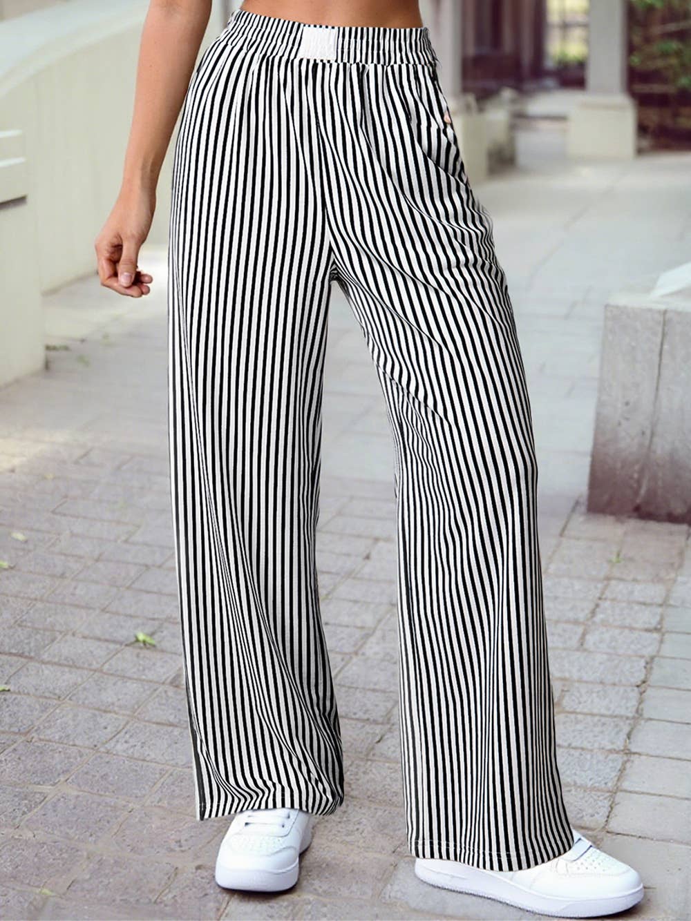 Black and White Striped Loose Pants