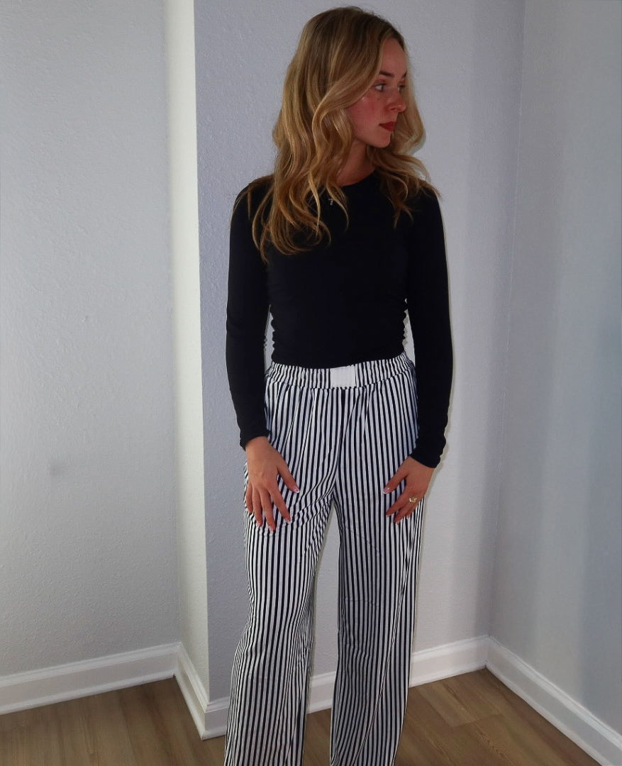 Black and White Striped Loose Pants