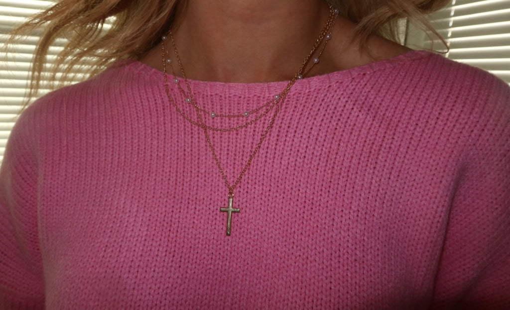Cross Pendant Pearl Decor Triple Layer Chain Necklace