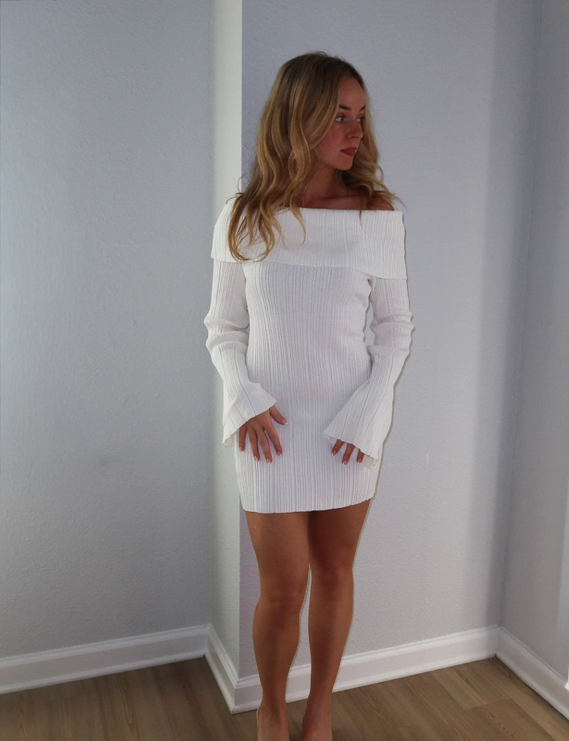 Cream Knit Off-Shoulder Mini Dress: White