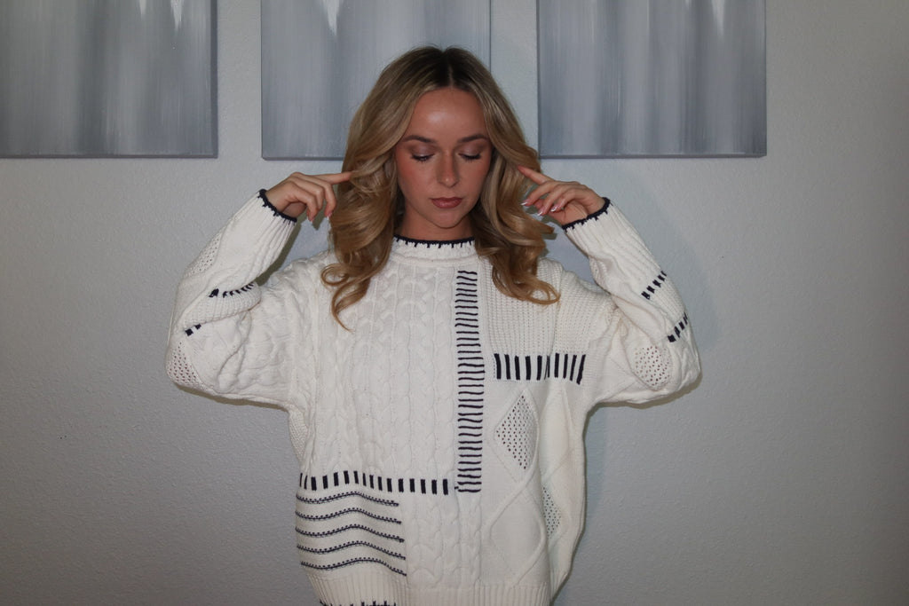 Dark Navy Blue and White Yacht Patchwork Sweater