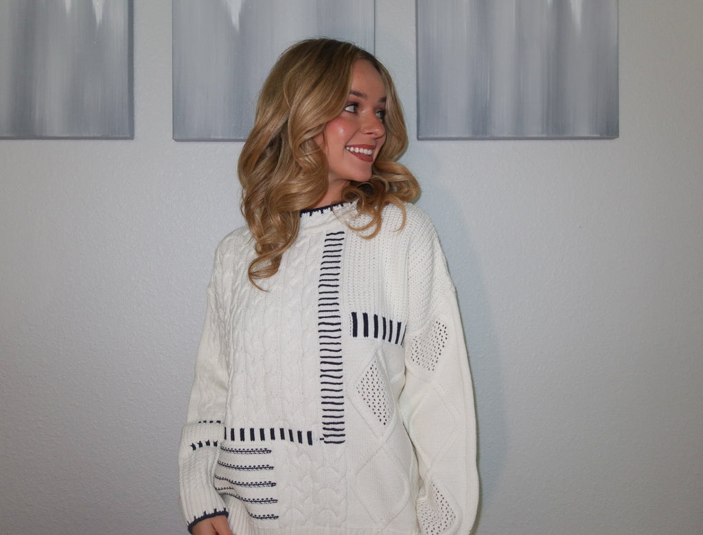 Dark Navy Blue and White Yacht Patchwork Sweater