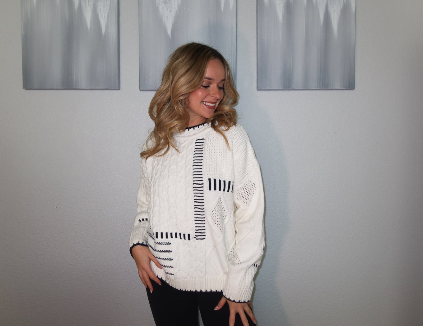 Dark Navy Blue and White Yacht Patchwork Sweater