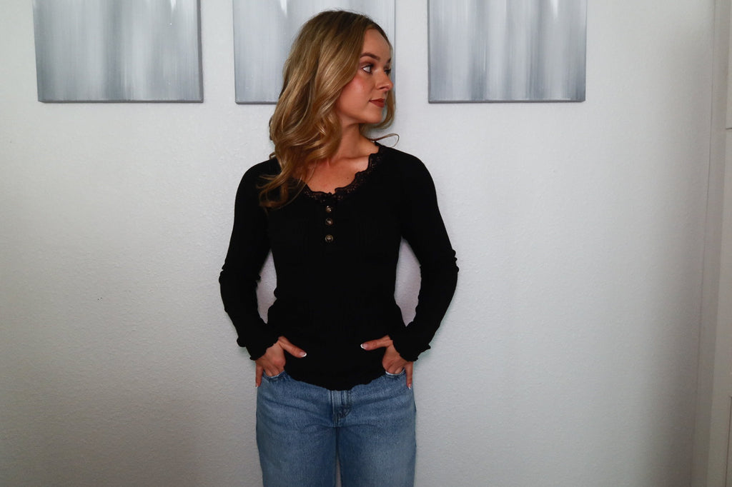 Black Lace Long Sleeve Ribbed Top