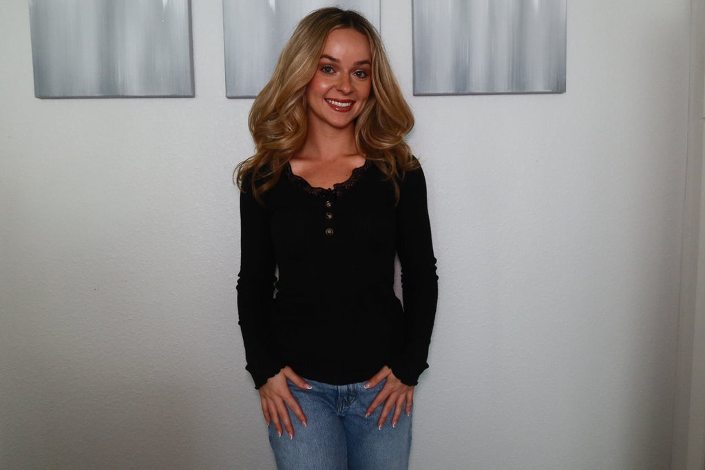 Black Lace Long Sleeve Ribbed Top