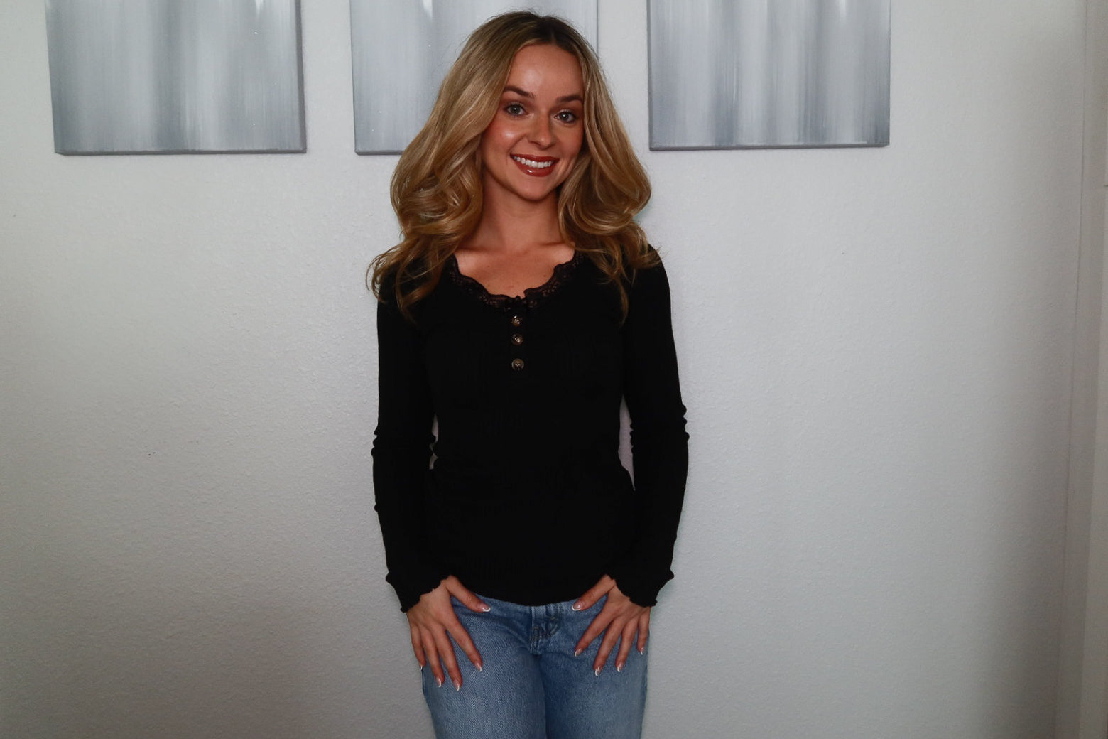 Black Lace Long Sleeve Ribbed Top