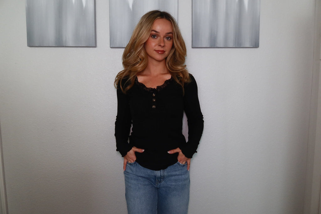 Black Lace Long Sleeve Ribbed Top